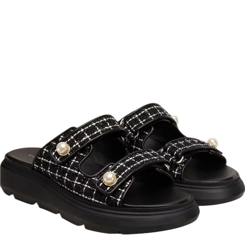 Stuart Weitzman Goldie Sports Slide Black and White Tweed with Pearl Details